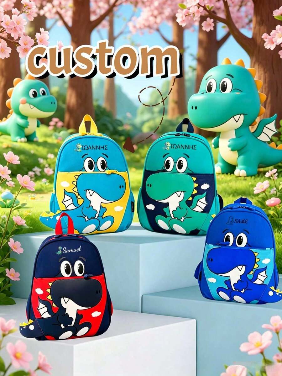 1 pieza Mochila de dinosaurio personalizada y personalizada para volver a la escuela, estampado de dinosaurio versátil y lindo, cierre de cremallera, material de nailon, correas de hombro ajustables, portátil, adecuada para la escuela, compras, salidas diarias, viajes al aire libre. Regalo de cumpleaños. - Multicolor - Ver 1