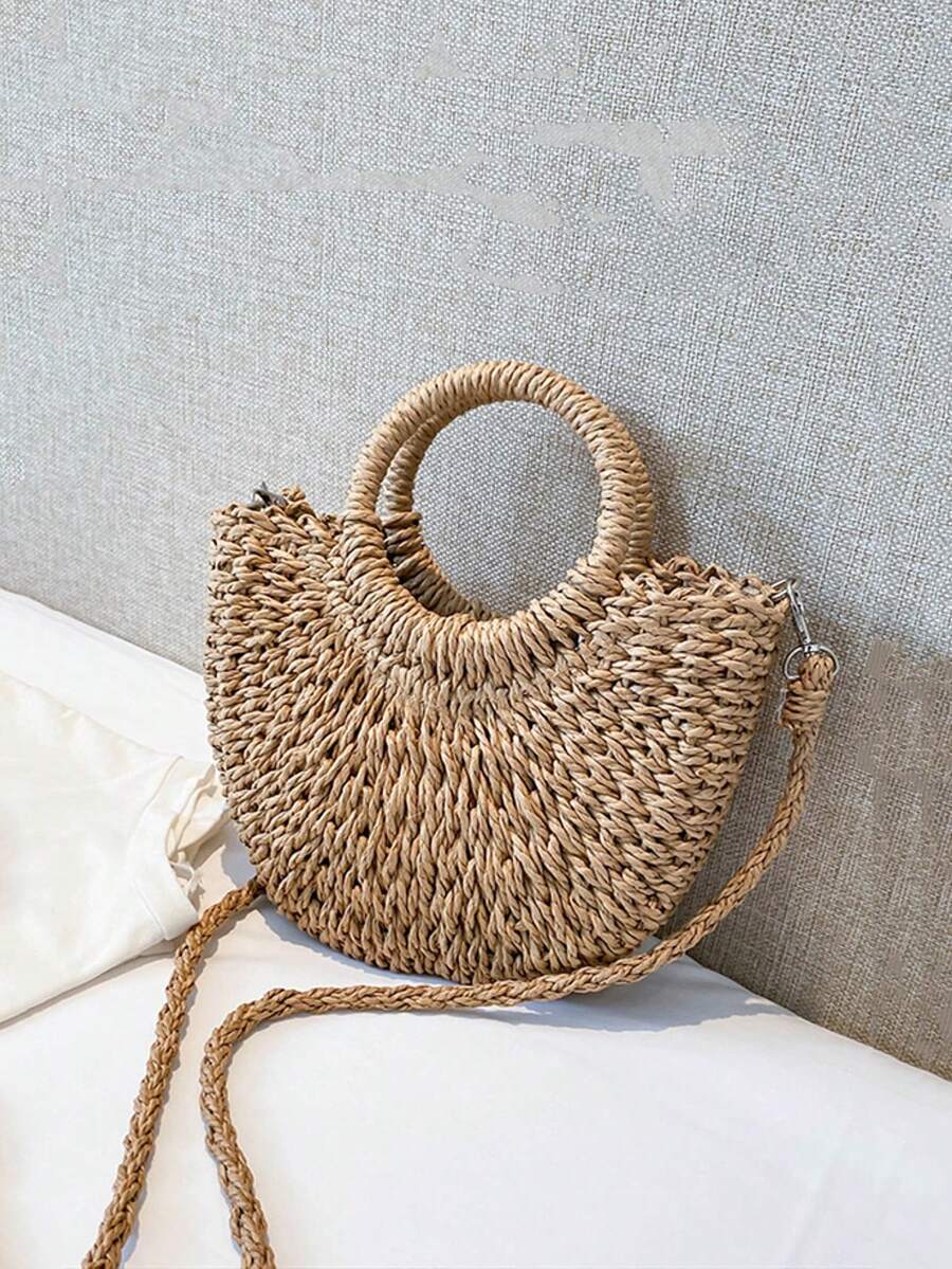 Yogodlns Bolso bandolera de paja, decoración de margaritas, monedero hecho a mano, bolso de estilo bohemio para el verano, bolso de playa llamativo, bolso de playa de paja para el verano, bo - Caqui - Ver 1