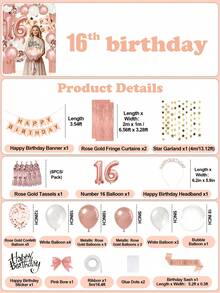 16th Birthday Rose Gold Birthday Decorations For Women Girls, Pearl White Balloons Garland Happy Birthday Balloons Banner Birthday Sash Crown Star Garland Fringe Curtains For Birthday Party Decoration Room Decor - 16歲生日 - 查看 12