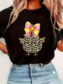 Camiseta gráfica con estampado de pollito feliz de Pascua, camiseta básica de manga corta con lazo coqueto para mujer, parrimavera y verano - Negro - Ver 2