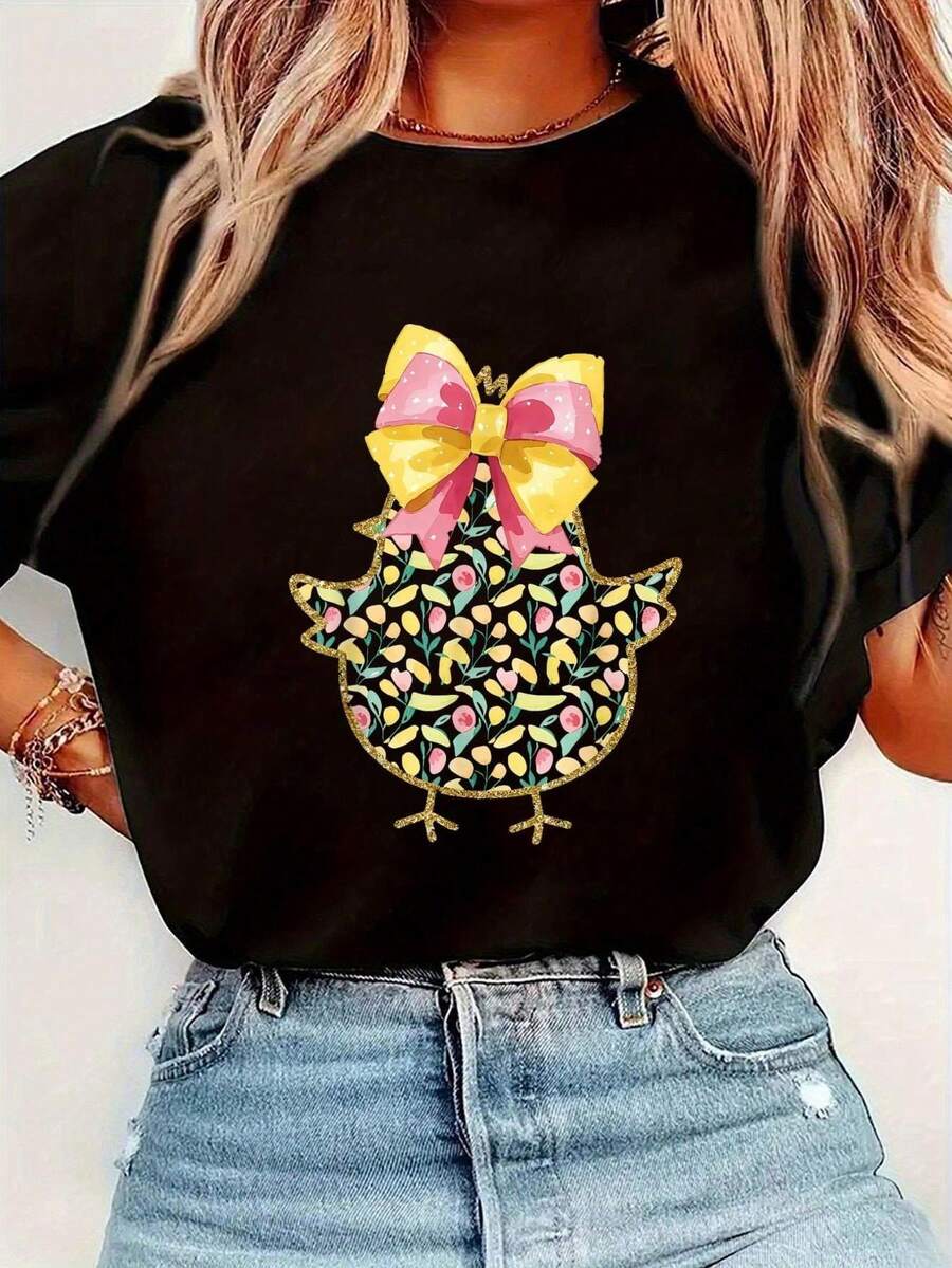 Camiseta gráfica con estampado de pollito feliz de Pascua, camiseta básica de manga corta con lazo coqueto para mujer, parrimavera y verano
