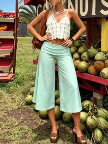 Fold Over Wide Leg Capri Pants For Women Low Rise Lounge Yoga Flare Culottes Y2k Flowy Crop Palazzo Pants - 薄荷綠 - 查看 3