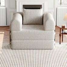 [Patented Design] 2-In-1 Chenille Sofa Bed With Storage Compartment In Armrest, Three Metal Frames And Multiple Configuration Options. - Khaki - View 5