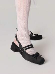 Sweet Bow Chunky Heels Cute Fashionable Square Toe Slingback Pumps Spring&Summer Suitable For Party Banquet Cosplay, Elegant Lady Shoes Woman - Black - View 3