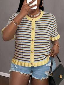 Plus Size Women's Summer Striped Patchwork Round Neck Metal Button Short Sleeve Knit Top, Paired With Cute Vintage Ruffle Decor, Suitable For Daily Dates And Photo Shoots. Striped Knit Top, Yellow Striped Knit Sweater, Summer Outfit, Multi-Color Striped Knit - Multicolor - View 1