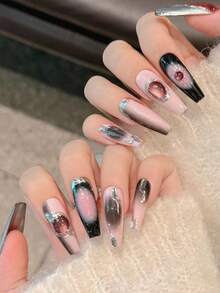 10pcs Handmade Long Coffin Shaped Press-On Nails, Exquisite Fake Nails, "Rose Galaxy" Y2K Black & Pink Glitter Cat Eye Sweet Cool Hot Girl Style Wearable Nails, Suitable For Women - Pink - View 4