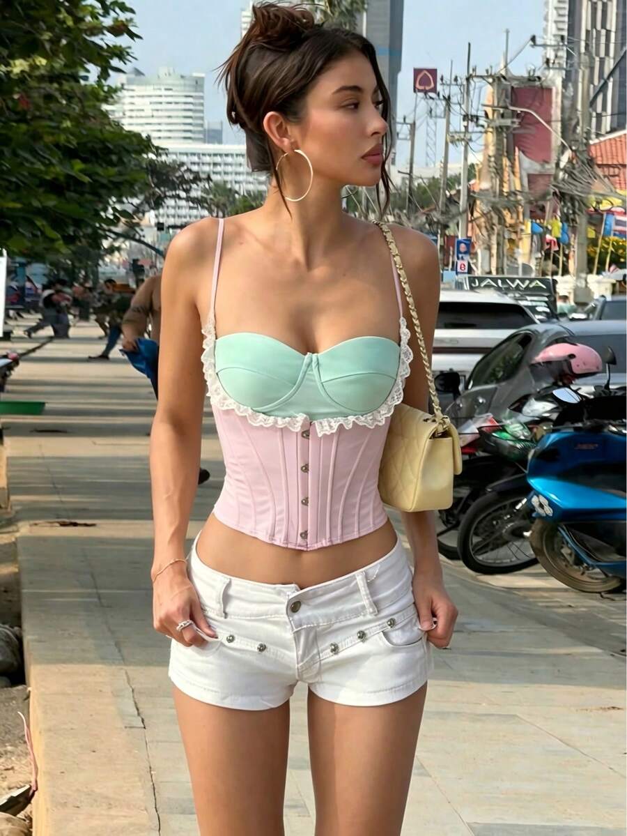 炫彩时尚收腰性感露脐上衣,撞色吊带背心,百搭女式衬衫 - 粉色 - 查看 1