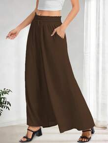 Women's Wide Leg Pants, Elastic Waist With Drawstring, Lightweight Loose Casual Trousers With Pockets - 咖啡 - 查看 2