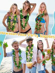 Hawaiian Lei Necklace Bulk Pack, Hawaiian Lei Headpiece Set, Tropical Style Hawaiian Lei Necklace, Tropical Artificial Flower & Leaf Lei, Luau Party Decor, Beach Party Supplies, Birthday Decoration, Wedding Decoration (Random Color) - Multiple Styles - View 5