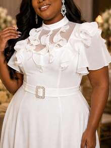 Elegant Plus Size Women White Chiffon Maxi Dress With Mock Neck Layered Ruffle Short Sleeves Belt Rhinestone Buckle Cocktail Party Wedding Guest Gown - White - View 2
