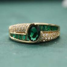 This Vintage Yet Fashionable Green And White Synthetic Cubic Zirconia Wide Band Ring Is Perfect For Parties And Social Events. - Gold - View 4