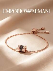 Armani Delicate Chain Bracelet With Black Crystal Barrel Pendant, Rose Gold Plated, Minimalist Women's Everyday Wrist Accessory, Gift - Rose Gold - View 3
