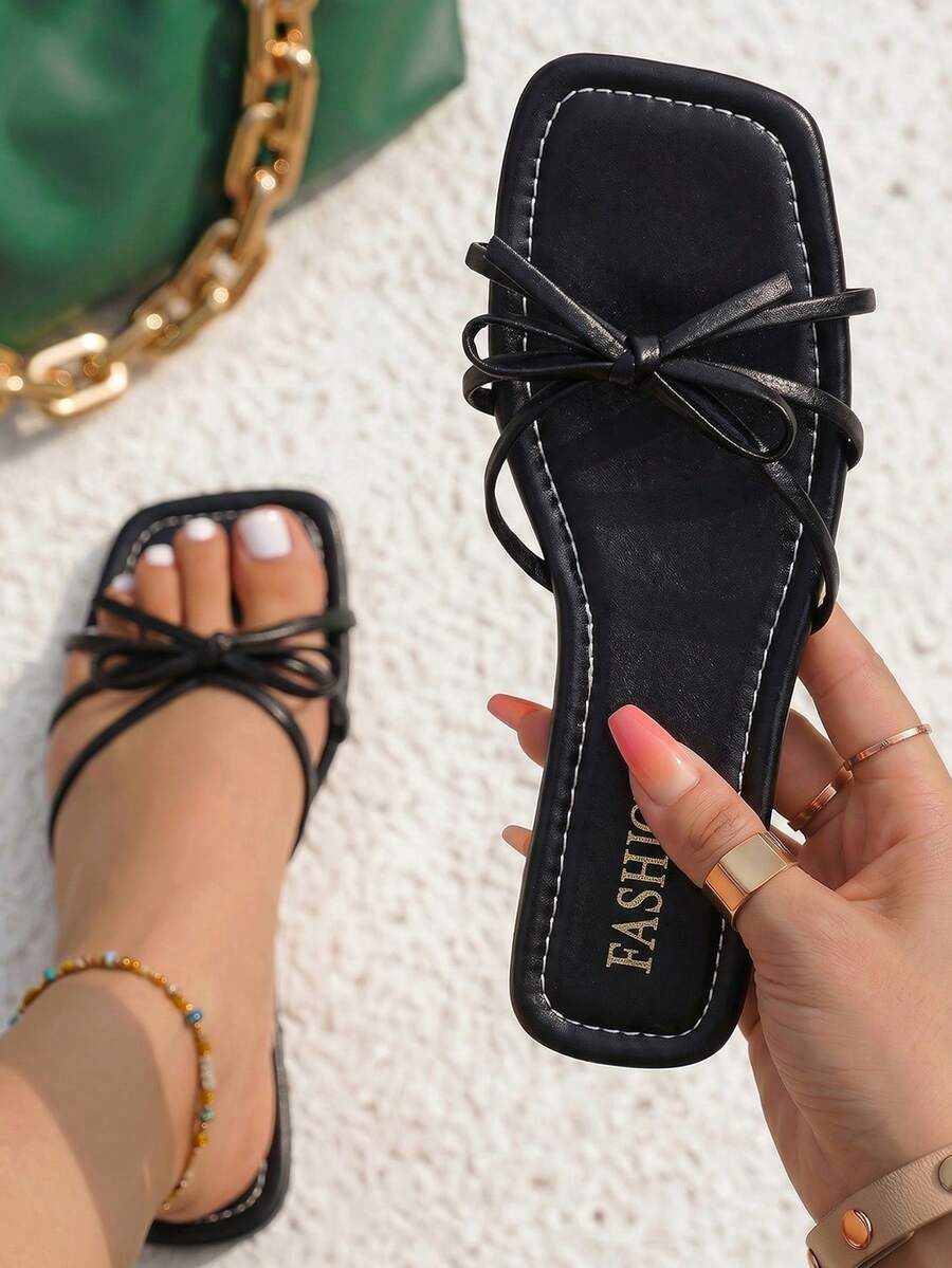 planare 女款熱門夏季時尚休閒度假蝴蝶結裝飾一腳蹬方頭露趾平底黑色涼鞋，海灘必備，度假必備