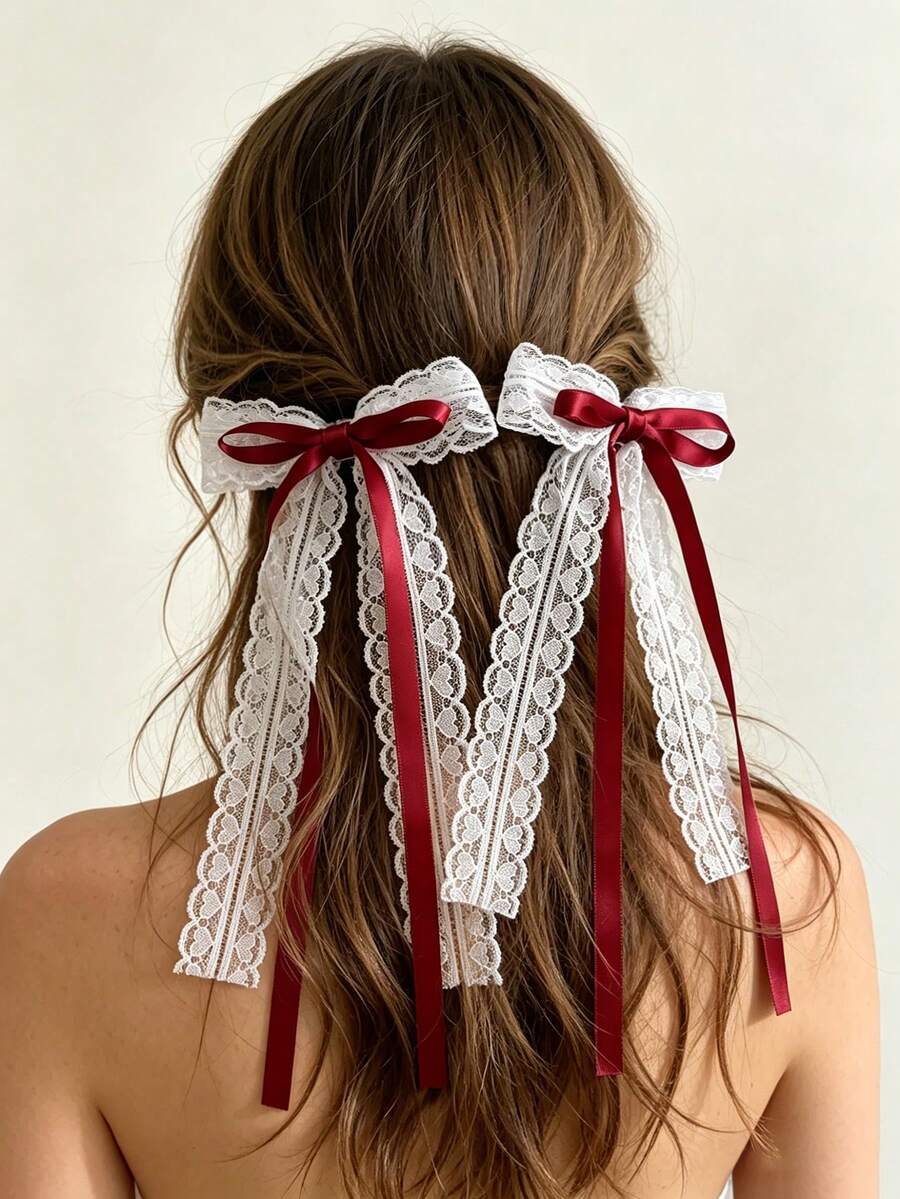 2 piezas/Set Pinzas para el cabello con lazo de cinta larga de encaje y satén para mujer, estilo dulce, adecuado para uso diario, pasador para el cabello - Multicolor - View 1