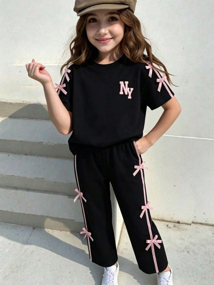 Tween Girl Letter Print Round Neck Short Sleeve Top And Pants Set - Black - View 1