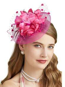 Bando Jepit Rambut Berhiaskan Bunga, Jala, dan Pita, Aksesori Kepala untuk Pesta Teh untuk Anak Perempuan dan Wanita - Hot Pink - View 5