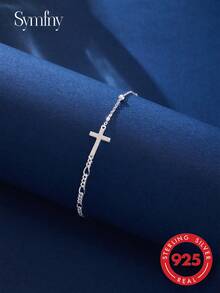 SYMFNY 1pc 925 Sterling Silver Asymmetric Chain Cross Bracelet, Suitable For Daily Wear, Party And Holiday - Silver - View 4