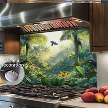 1pc Kitchen Wall Sticker, Tropical Rainforest Design, PVC Material. It Features Vibrant Palm Trees, Colorful Flowers And Birds, Suitable For Kitchen, Cafe Or Restaurant Decoration, Kitchen Wall Decor|Floral Pattern|Vinyl Wallpaper, Wall Decor - A - View 11