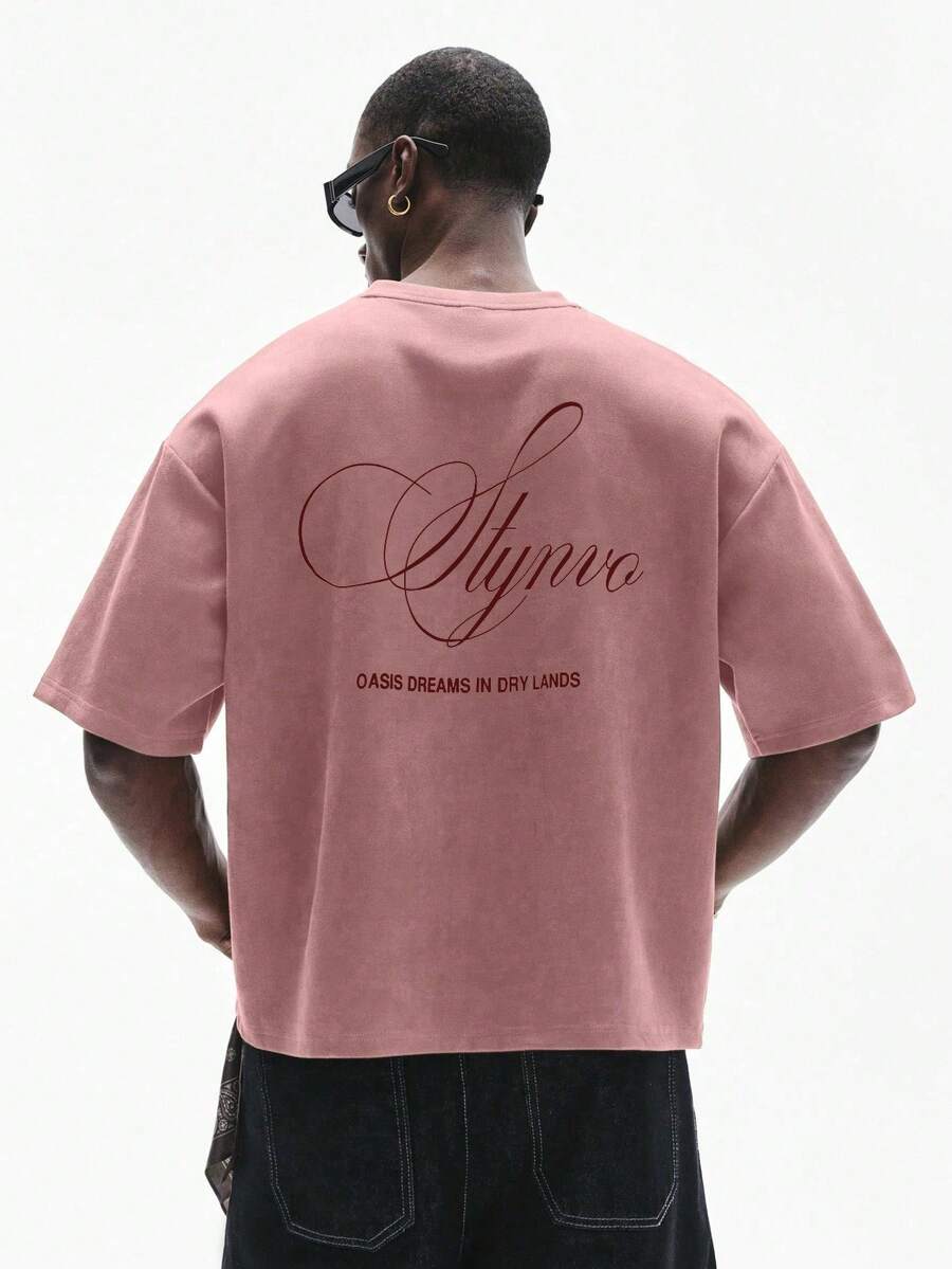 Camiseta de manga corta con cuello redondo y estampado de letras, minimalista y versátil para hombres - Rojo y negro - Ver 1