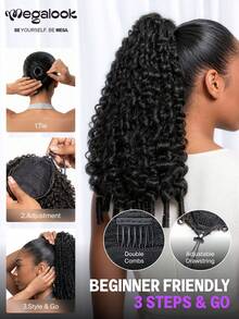 MEGALOOK Ekstensi Rambut Ekor Kuda Keriting 100% Rambut Manusia, Wig Setengah Tanpa Lem, Pemasangan Tanpa Lem, Wig Setengah dengan Tali Serut yang Dapat Diatur, Panjang 14-22 Inci, Tidak Rontok, Mudah Dipakai, Ramah untuk Pemula, Cocok untuk Wanita - SNatural - View 6
