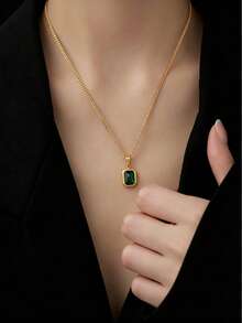 1PC French Vintage Minimalist Emerald Green Alloy Pendant Necklace For Women, Niche Design, High-End Fashion, Versatile Collarbone Chain - Multicolor - View 4