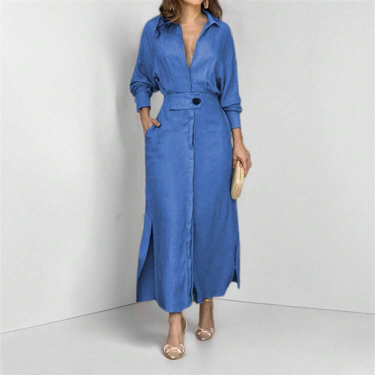 Timeless Draped Maxi Dress - Refined Silhouette & Flowy Texture - Blue - View 1