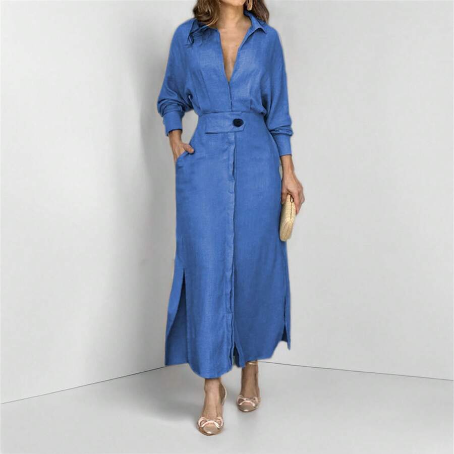 Timeless Draped Maxi Dress - Refined Silhouette & Flowy Texture - Blue - View 1