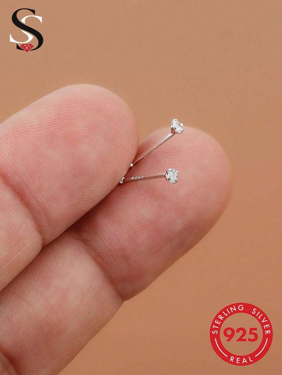 SereneSpark 1對925純銀小圓鋯石耳釘，適用於耳垂、軟骨、耳輪穿孔，低過敏性，夏季配件，女性珠寶