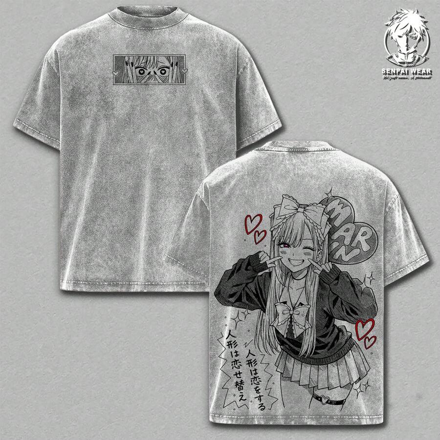 Marin Kitagawa Oversized T-Shirt – My Dress-Up Darling, Vintage Wash Double Print Graphic T-Shirt, Casual Urban Style, Unisex Thick Cotton T-Shirt, Gift For F - 灰色 - 查看 1