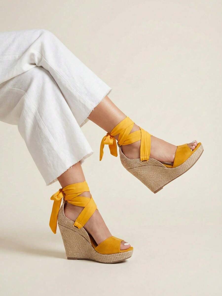 Women's Platform Sandals, Jute Wedge, Espadrille Wedge, High Espadrilles, Tie Straps, Wedge Heel, Comfortable, Casual, Boho, Summer, Women's Fashion - 深灰色 - 查看 1