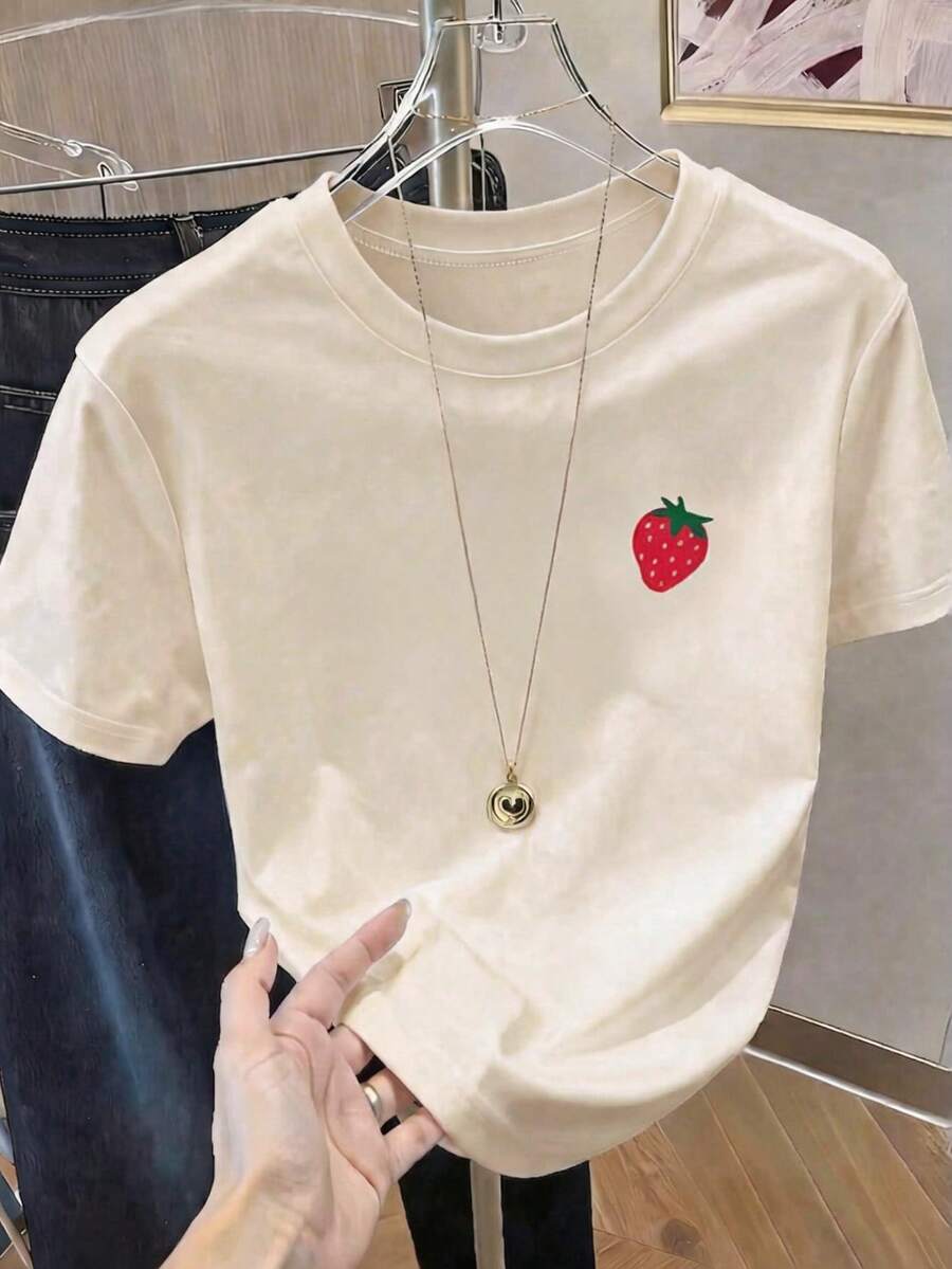 Playera dama camisa mujer Estampado mini fresa divertido minimalista dulce estilo ideal casual cómodo ligero diario - Crema - Ver 1