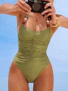 Women's Elegant Solid Color Halter Backless Cross-Tied Beaded Ruffle Textured Bust Pleated Waist One-Piece Swimsuit Vacation Beach Summer - Green - View 6