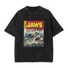 1 Piece Men's Vintage Washed Cotton Short Sleeve T-Shirt With Graphic Shark Print From The Movie "Jaws", Casual Crew Neck, Comfortable Design, Ideal Clothing For Fans - 黑色 - 查看 1