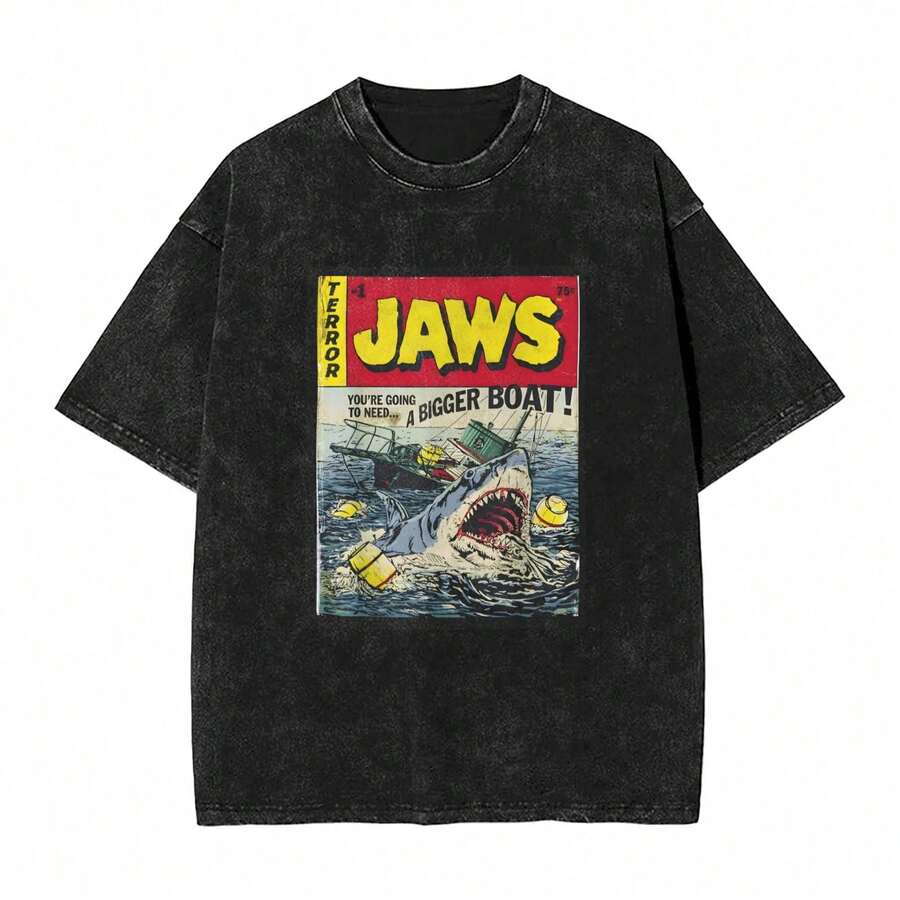 1 Piece Men's Vintage Washed Cotton Short Sleeve T-Shirt With Graphic Shark Print From The Movie "Jaws", Casual Crew Neck, Comfortable Design, Ideal Clothing For Fans - 黑色 - 查看 1