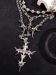 1pc Punk Personalized Fashion Design Streetwear Hip-Hop Style Thorn Spike Cross Skull Multi-Layer Beaded Chain Long Necklace, Daily Street Style Outfit - Multicolor - View 5