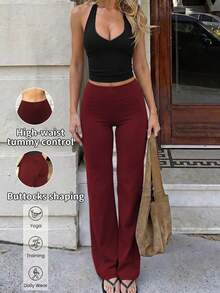 Estos pantalones anchos de yoga de unicolor son cómodos y estilizadores, adecuados para correr, hacer ejercicio y diversas actividades de yoga. Negro primavera - Burdeos 2 - Ver 4