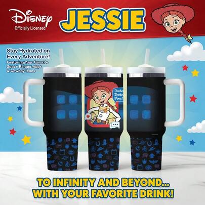 Disney 大容量保溫隨行杯，附手把，印有可愛玩具 5 款卡通角色圖案，不鏽鋼冷熱保溫杯附吸管 1200ml，1個