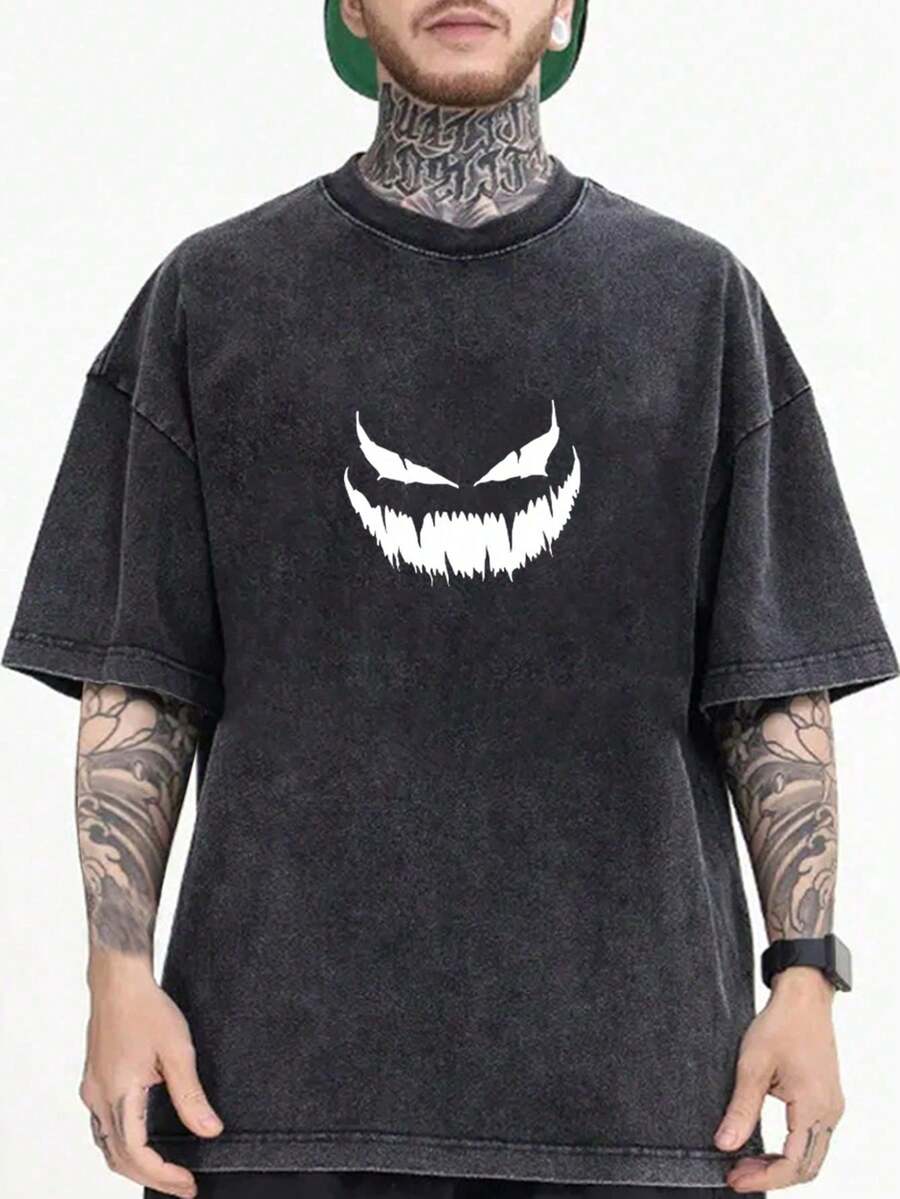 Camiseta de cuello redondo con estampado gráfico y de texto en inglés, estilo Y2K adecuado para uso diario, talla grande para hombres - Blanco - Ver 1