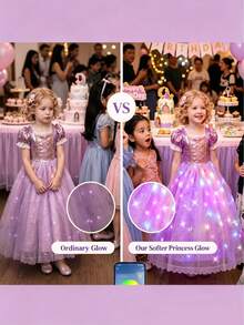 Girls' Princess Dress, Children's Party Dress, Synchronized With Music, Remote Control App, Suitable For Halloween Cosplay, Includes Crown, Magic Wand, Wig, Gloves, Necklace (Batteries Not Included) - Lilac Purple - View 5