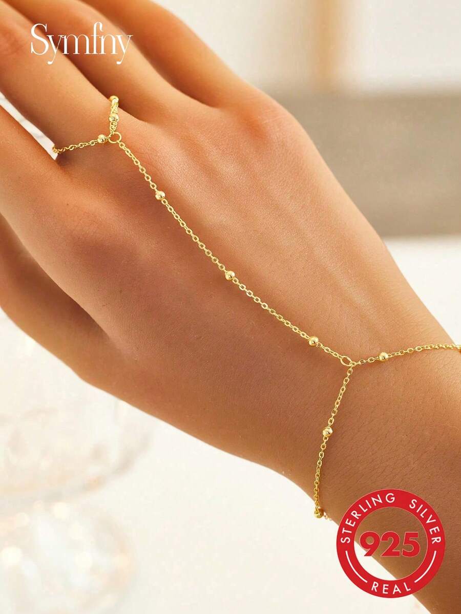SYMFNY Combo 1 vòng tay và nhẫn dây chuyền đính cườm thời trang tối giản bằng bạc Sterling - Vàng - Xem 1