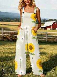 Sunflower Dandelion All-Over Print Women's Adjustable Strap Jumpsuit, Polyester Fiber Fabric, Lightweight And Breathable, Women's Clothing - 彩色 - 查看 1