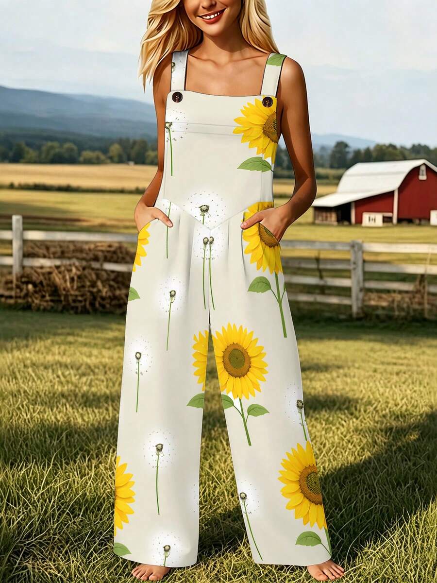 Sunflower Dandelion All-Over Print Women's Adjustable Strap Jumpsuit, Polyester Fiber Fabric, Lightweight And Breathable, Women's Clothing - 彩色 - 查看 1