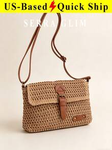 Vintage Fashion Woven Crossbody Bag Large Capacity Beach Bag Beach Vacation Straw Shoulder Bag Summer Holiday Woven Bag Crossbody Messenger Bag - 小號卡其色 - 查看 1