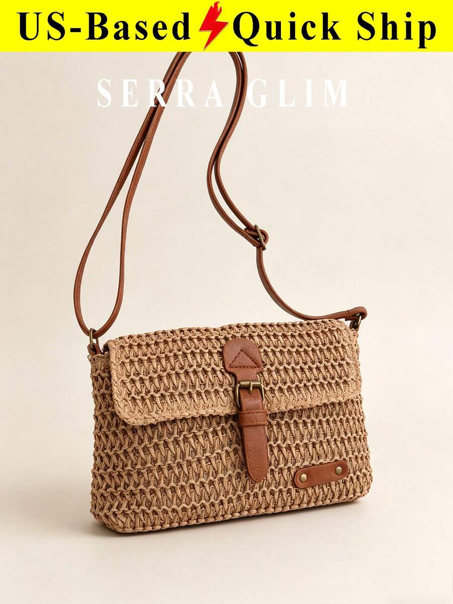 Vintage Fashion Woven Crossbody Bag Large Capacity Beach Bag Beach Vacation Straw Shoulder Bag Summer Holiday Woven Bag Crossbody Messenger Bag - 小號卡其色 - 查看 1