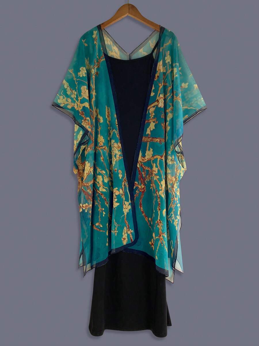 Elegant Summer Plum Blossom Artistic Floral Graffiti Print Chiffon Bohemian Style Casual Loose Cover Up Beach Travel Vacation Women's Cover-Up Thin Outerwear Shawl Beach Sun Protection Top Air Conditioning Shirt Beach Cover-Up - Dark Green - View 1