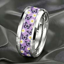 Stainless Steel Purple Butterfly Daisy Ring, Glossy Hypoallergenic Fade-Resistant, Pastoral Couple Ring - Silver Butterfly With Purple Background - View 3