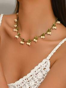 1pc Bohemian Lily Of The Valley Pendant Necklace For Women, Suitable For Daily, Casual, Beach Vacation Wear, Women's Summer Jewelry Gift - White - View 3