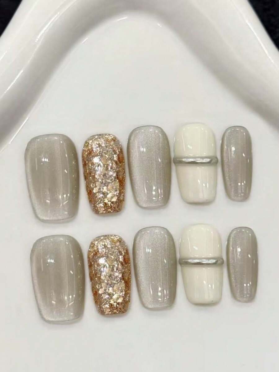 10 piezas de uñas postizas cuadradas medianas hechas a mano para fiestas y uso diario, uñas de color champán, blanco cremoso con purpurina dorada champán efecto espejo, uñas de ojo de gato de haz ancho minimalista, uñas de verano, brillantes y resplandecientes, adecuadas para niñas y mujeres en festivales, fiestas y uso diario
