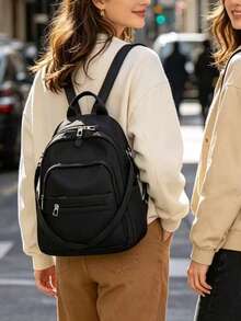 Mochila de gran capacidad para mujeres, bolso clásico de unicolor para damas - Negro 4 - Ver 10