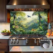 1pc Kitchen Wall Sticker, Tropical Rainforest Design, PVC Material. It Features Vibrant Palm Trees, Colorful Flowers And Birds, Suitable For Kitchen, Cafe Or Restaurant Decoration, Kitchen Wall Decor|Floral Pattern|Vinyl Wallpaper, Wall Decor - A - View 5